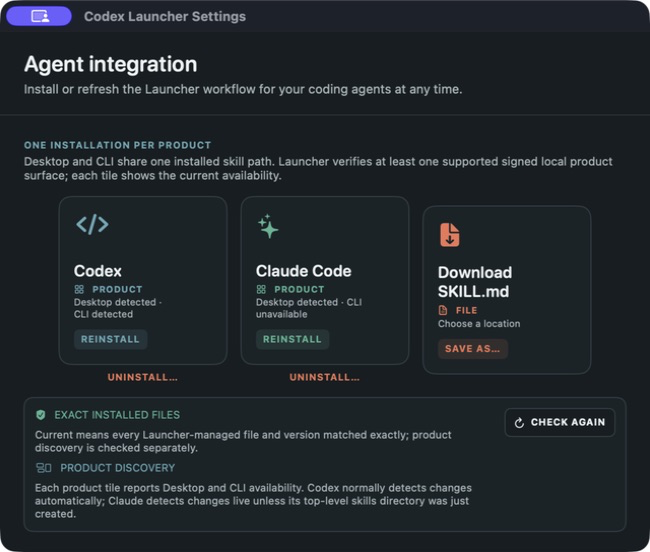 Launch Station Agent integration settings showing the shared Codex and Claude Code skill installers for Desktop and CLI, plus a standalone SKILL.md download.