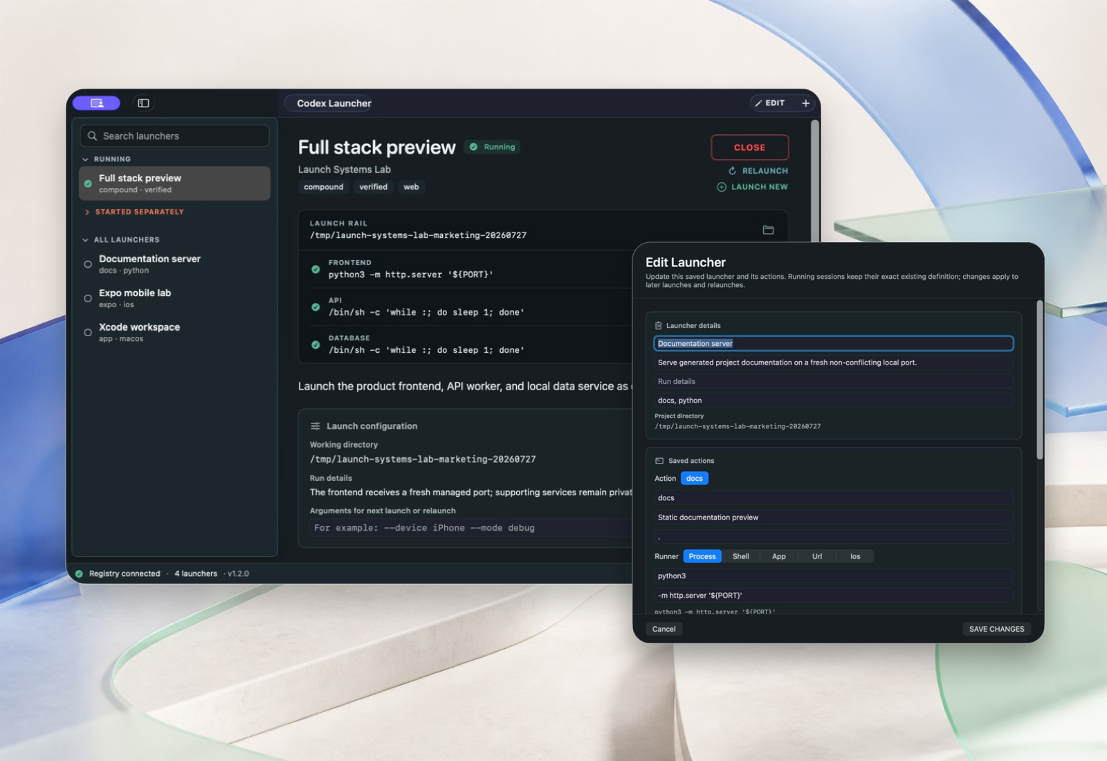 Launch Station showing a fictional full-stack session beside its launcher configuration editor.